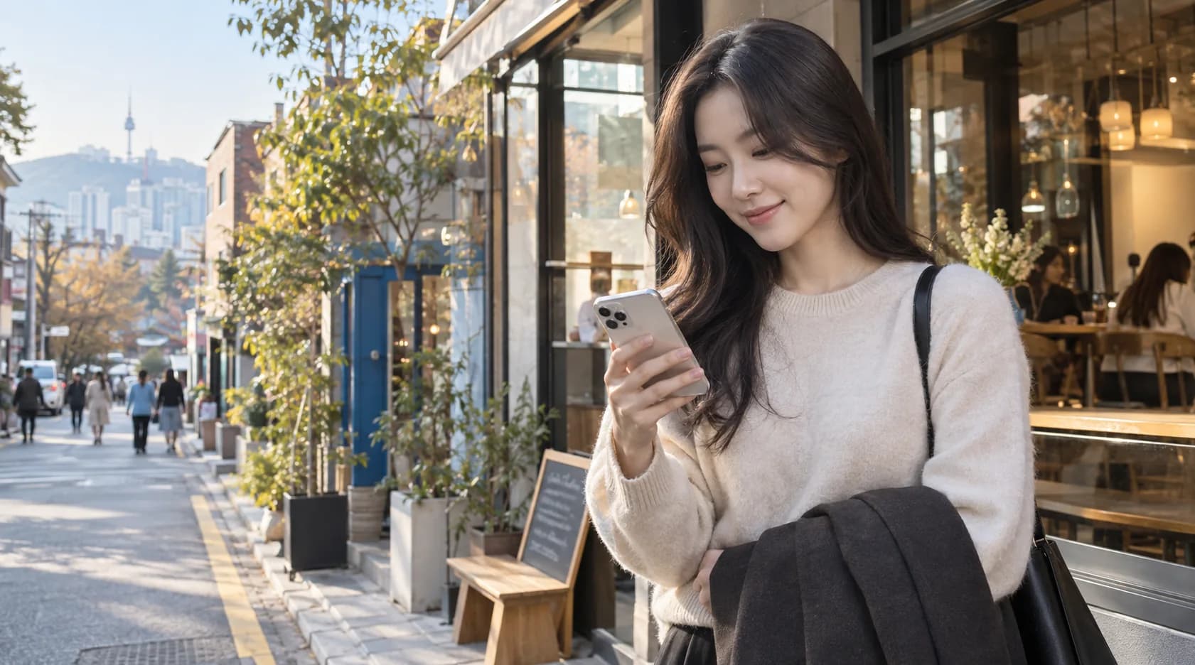 햇살 좋은 서울 골목의 카페 앞에서 스마트폰을 보며 웃는 여성. 멀리 남산타워가 보인다